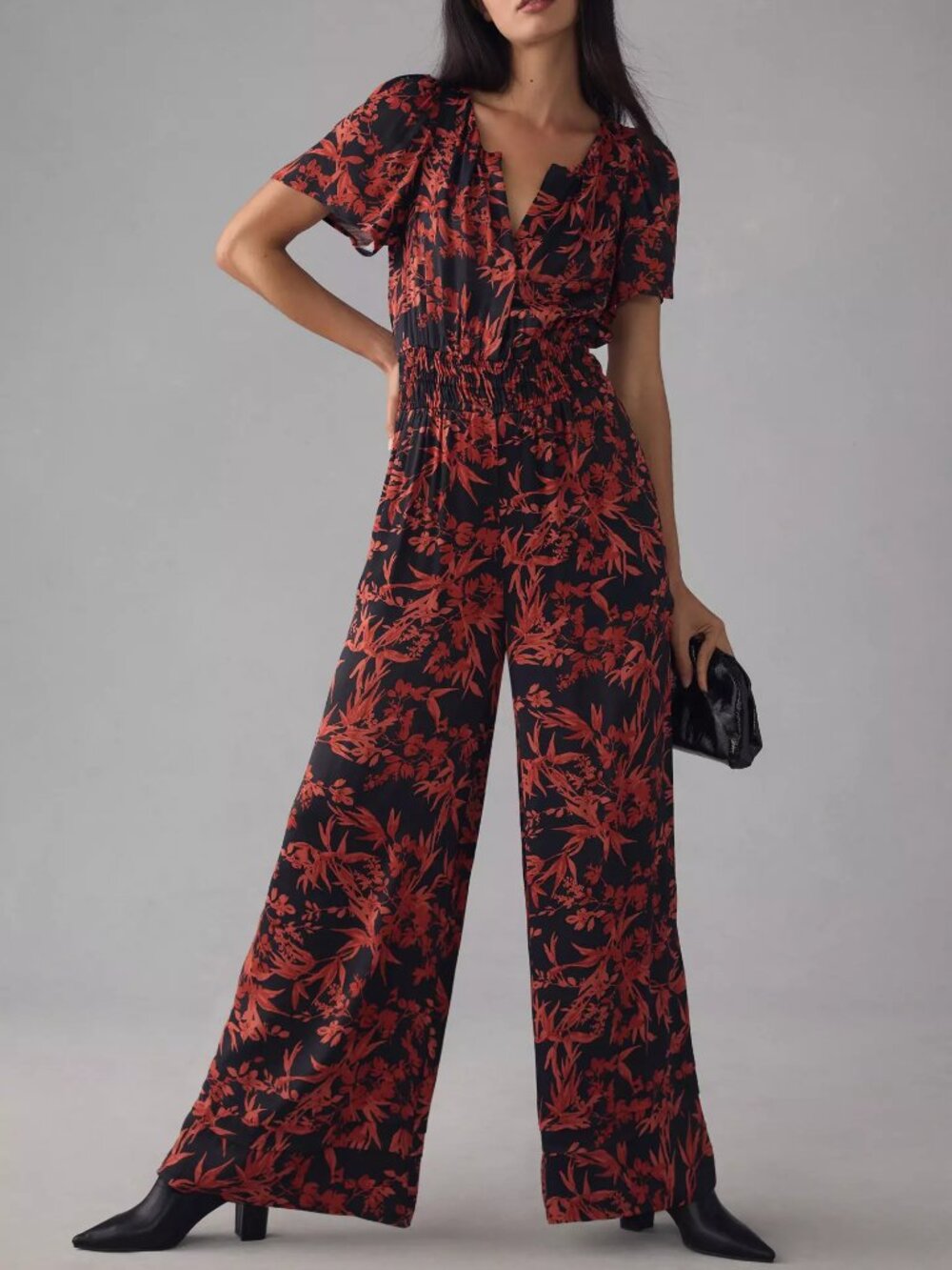 Anthropologie Somerset Jumpsuit Satin Floral Leaf Print Bohemian size XL